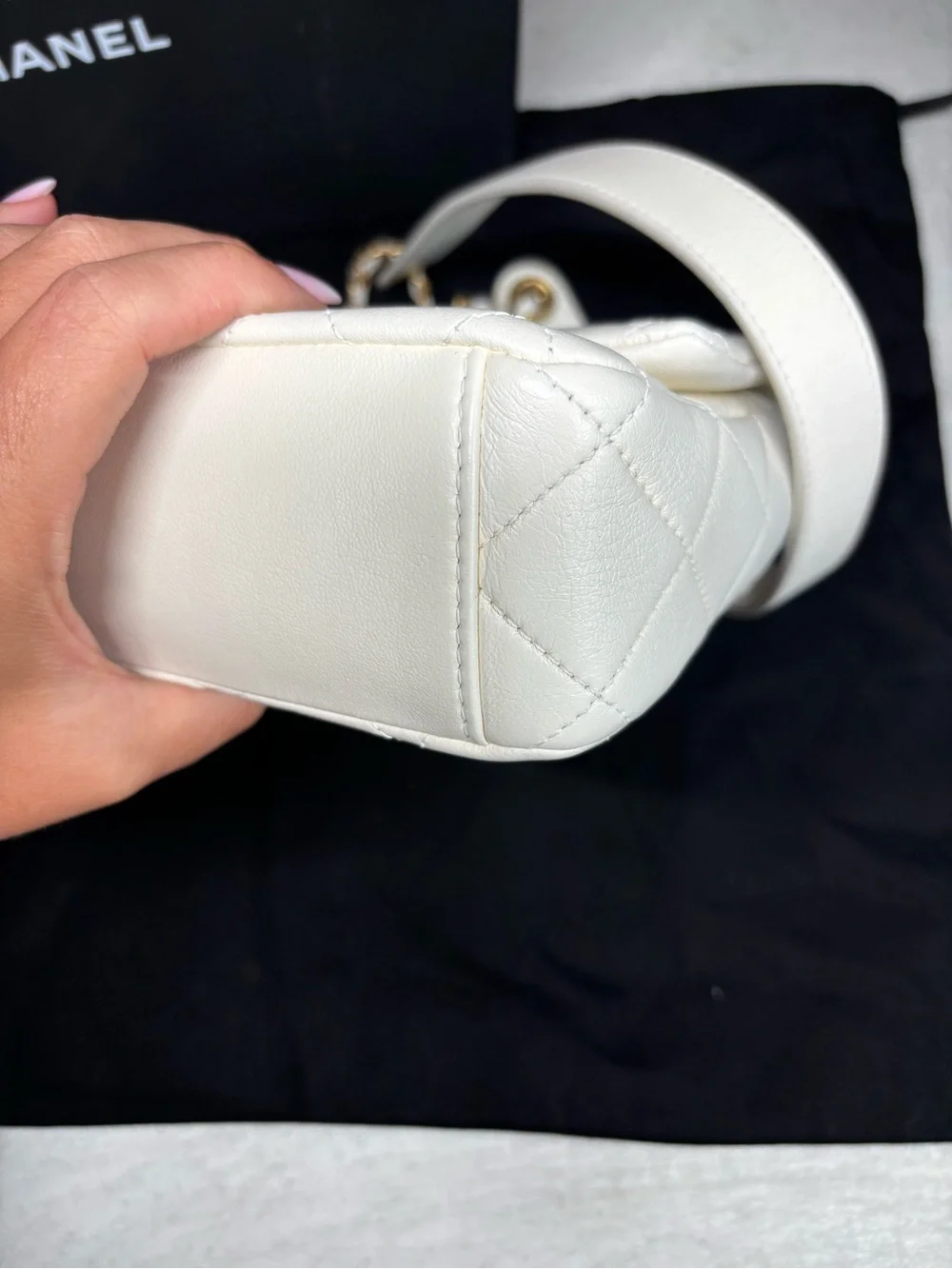 CHANEL White Quilted Leather Mini Flap Bag with Gold Chain Strap